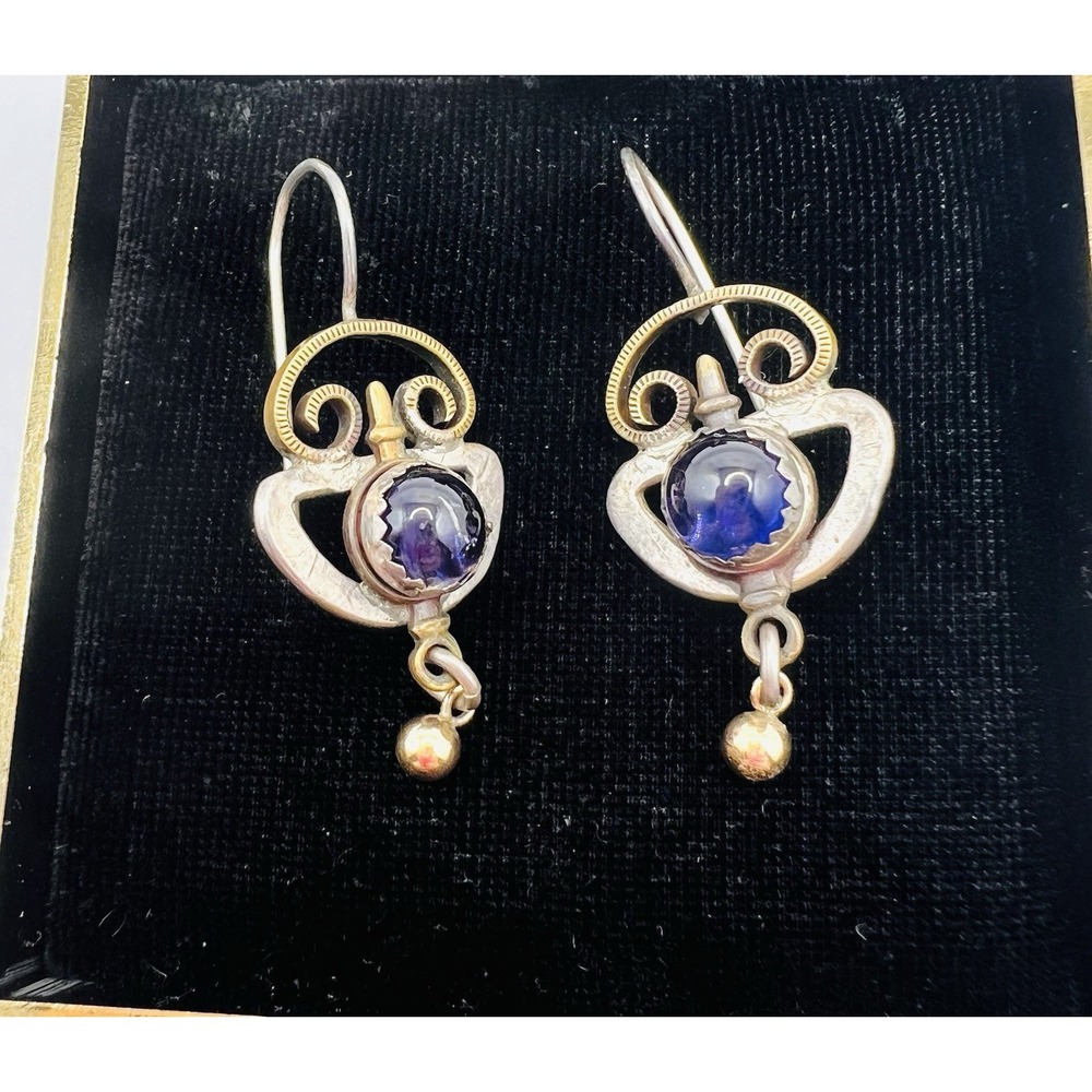 Vintage Sterling Silver & 14kt Modernist Cabochon Iolite Dangle Drop Earrings
